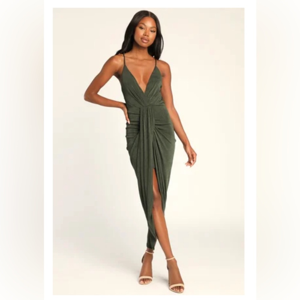 Lulus Dreamy Date Dark Green Surplice Dress Wedding Guest